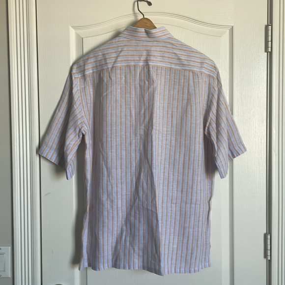 BRIONI ITALY 100% LUXURY LINEN SHIRT Mens Large Blue Stripe Short Sleeve - Picture 5 of 13
